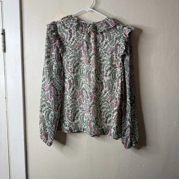 Loft Ivory Floral Peasant Ruffle Long Sleeve Boho Blouse - Picture 4 of 6